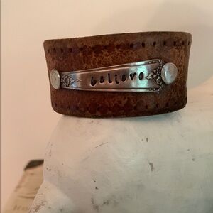 Handcrafted Brown Leather Cuff Bracelet with Silver Stamped Spoon Handle
